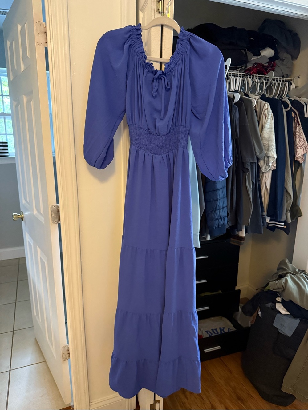 Smocked Waist Puff-Sleeve Maxi Dress in Royal Blue